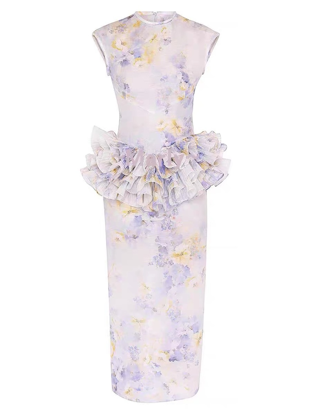 Designer Floral Ruffle Peplum Column Dress in Pastel Lavender